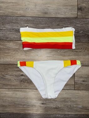 Striped Bandeau Two-Piece Bikini in White with Yellow & Red Accents